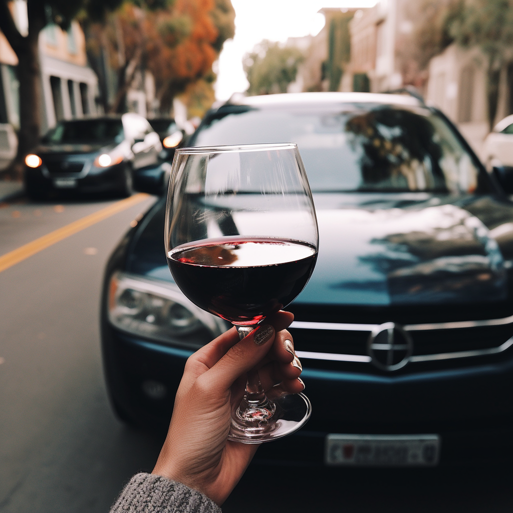 A person's hand showing a glass of wine in the foreground and a car in the background