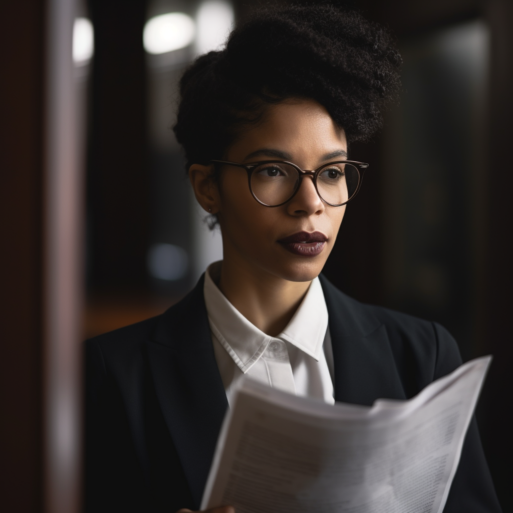 A lawyer in a suit with a document in her hand; appears to be thinking about something